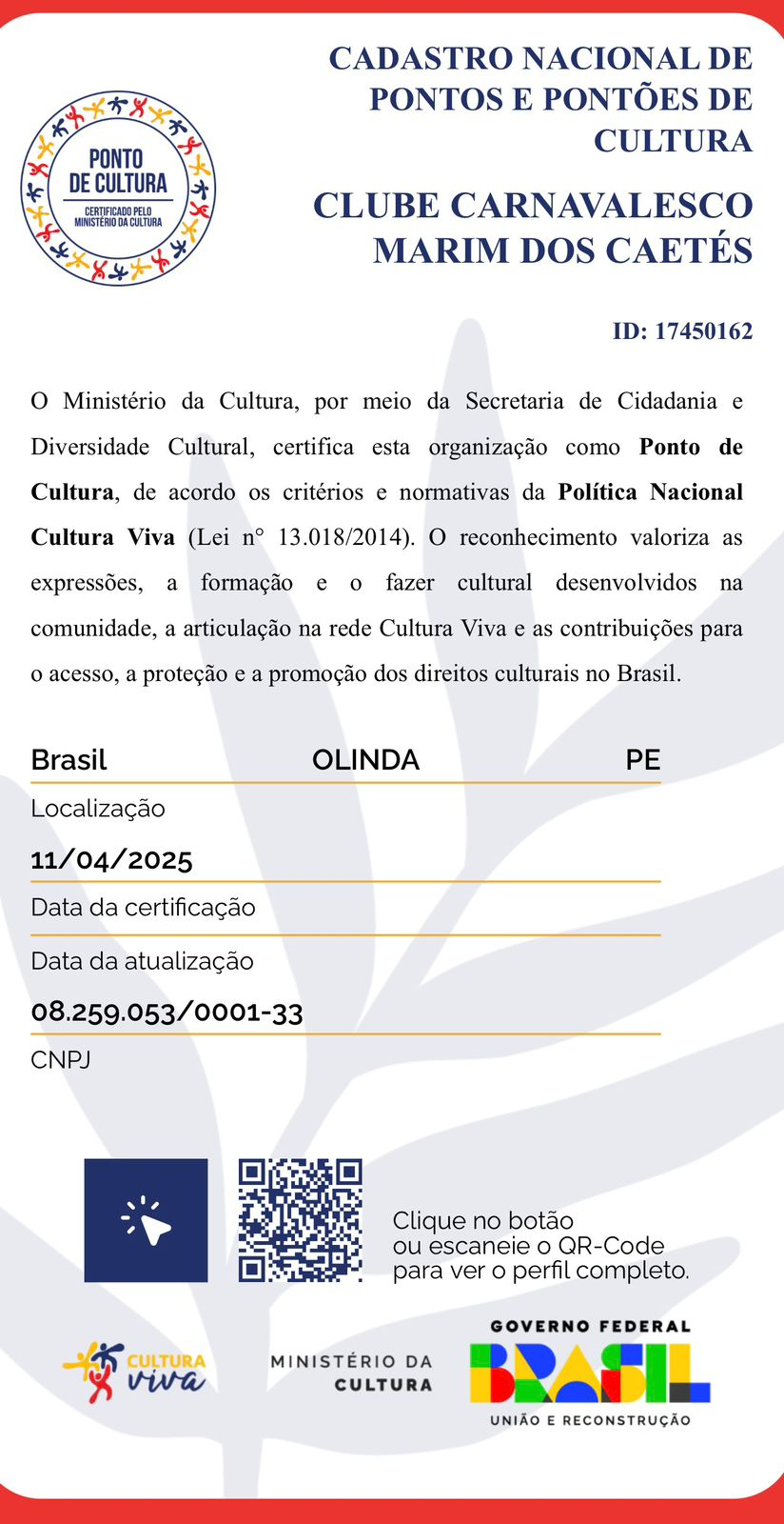 Certificado de Ponto de Cultura do Ministério da Cultura