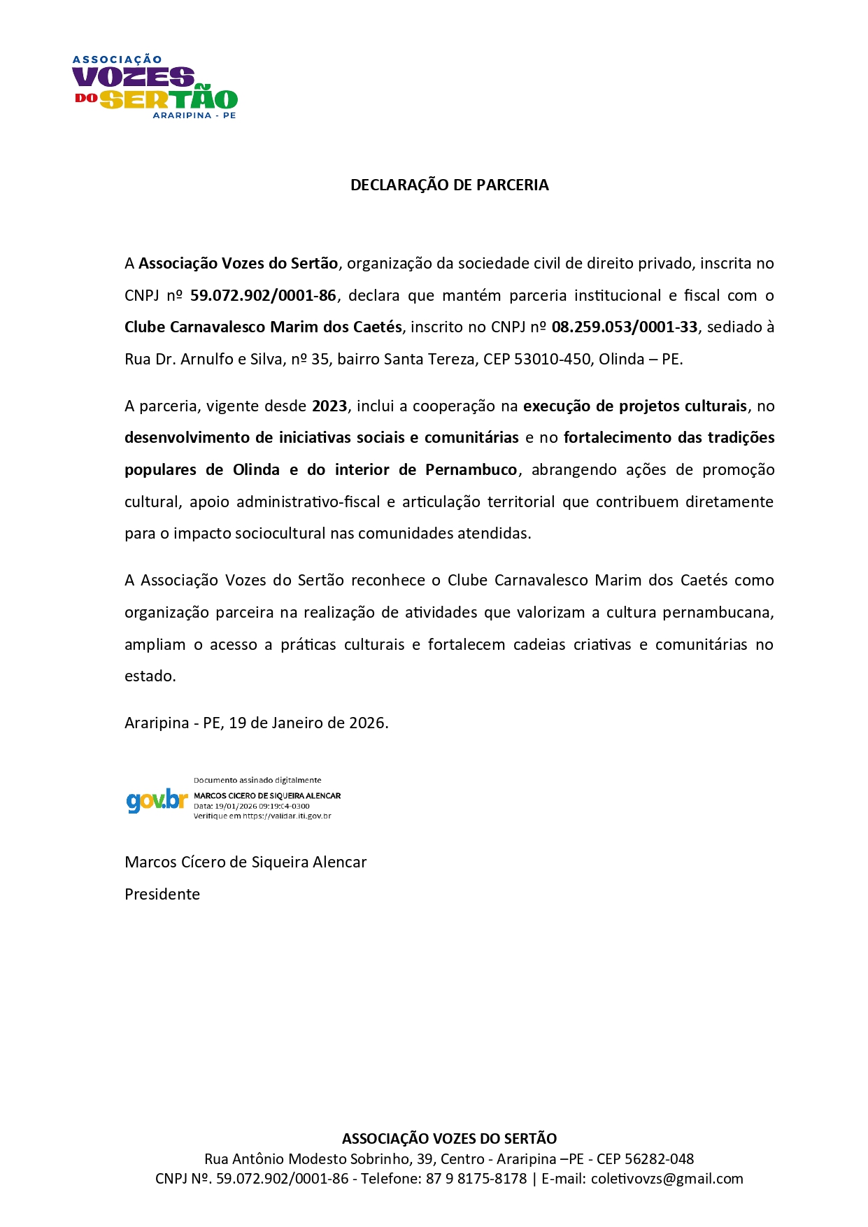 Declaração de Parceria Cultural